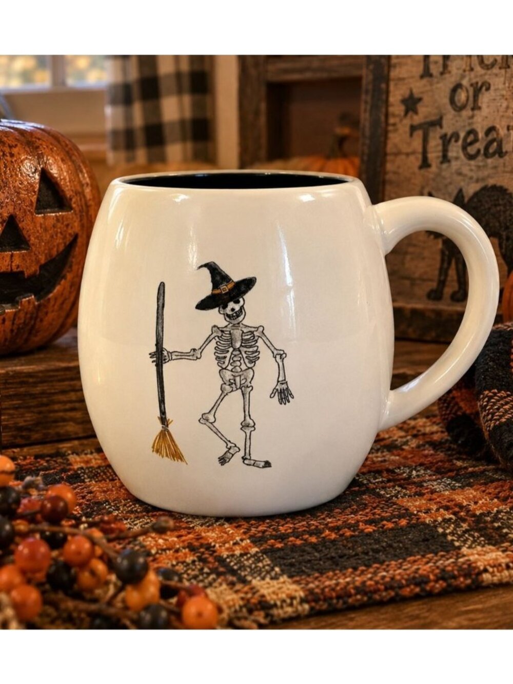Rae Dunn Halloween Skeleton with Witch Hat & Broom Coffee Tea Mug